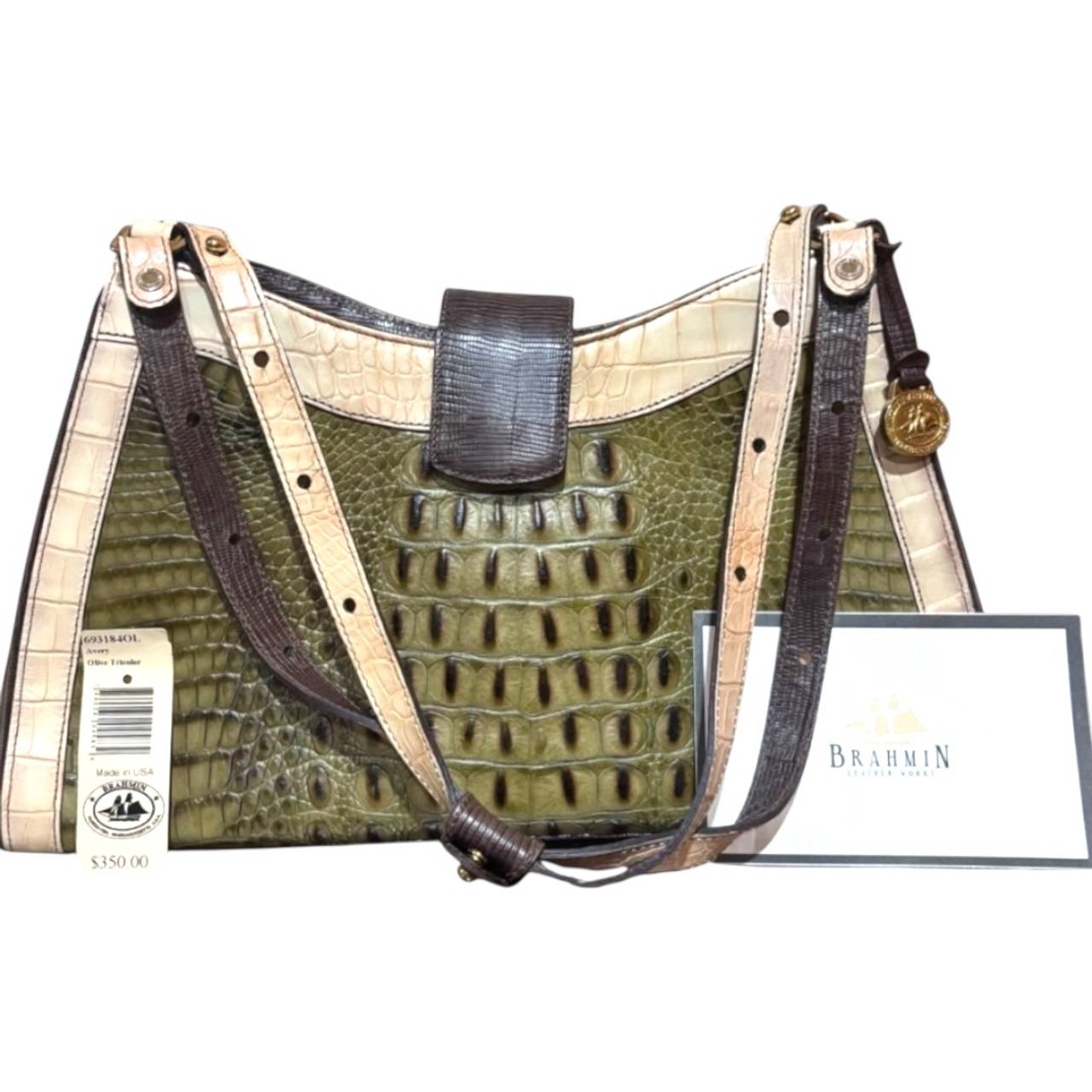 Rare Brahmin Croc Embossed Green Brown  Leather Shoulder Bag