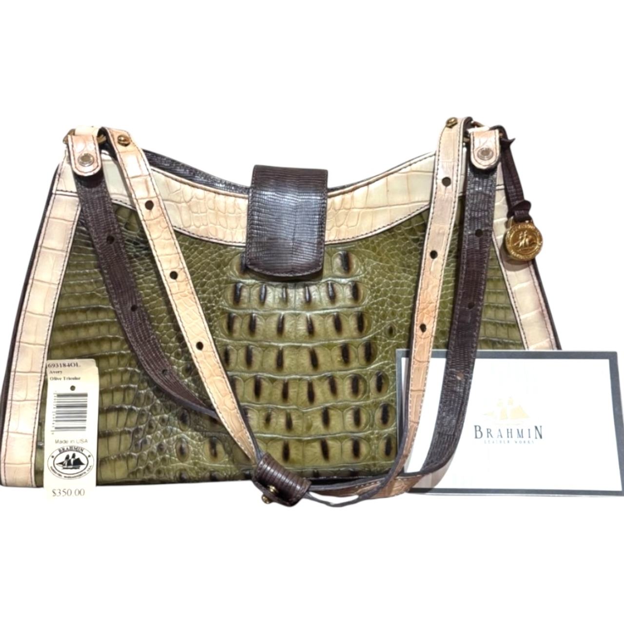 Rare Brahmin Croc Embossed Green Brown  Leather Shoulder Bag