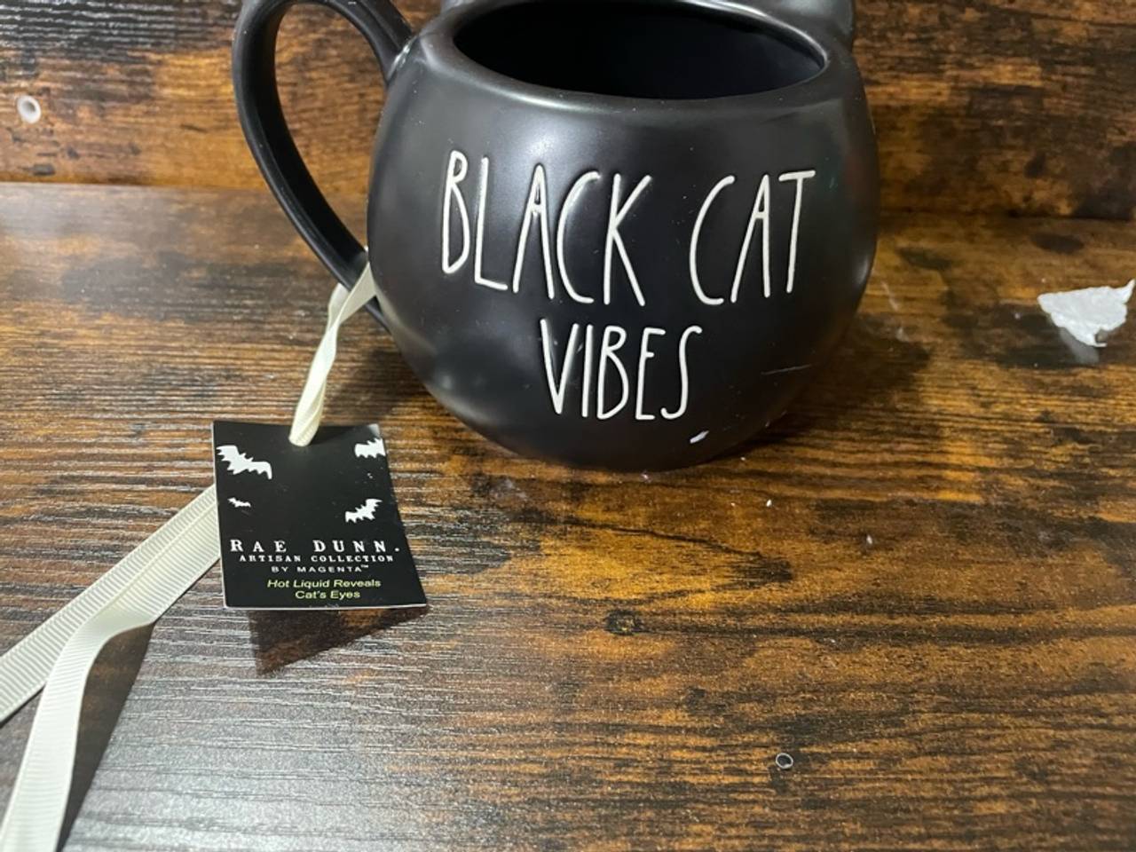 Rae Dunn Black Cat Vibes Halloween Mug with Glowing Green Eyes