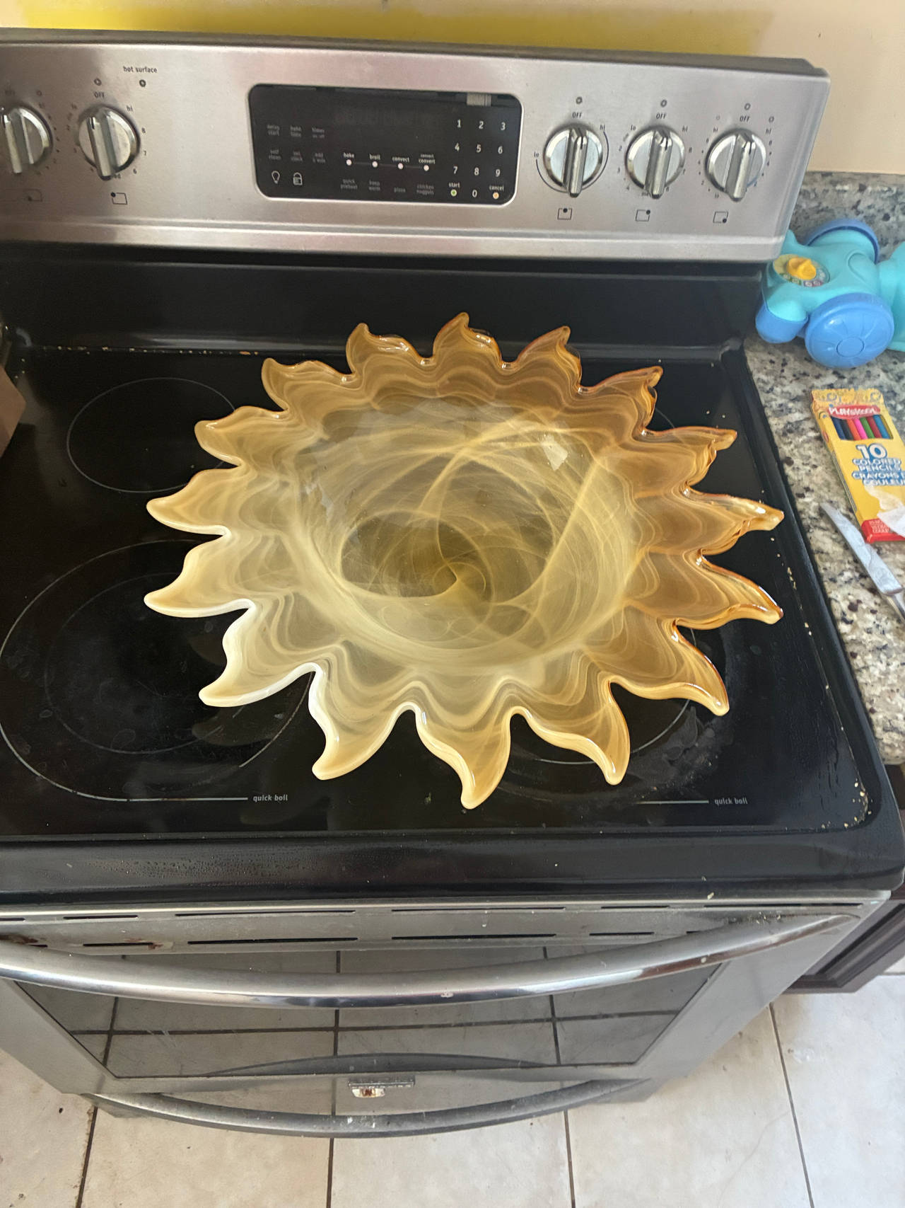 Amber and Cream Swirl Sunburst Art Glass Bowl
