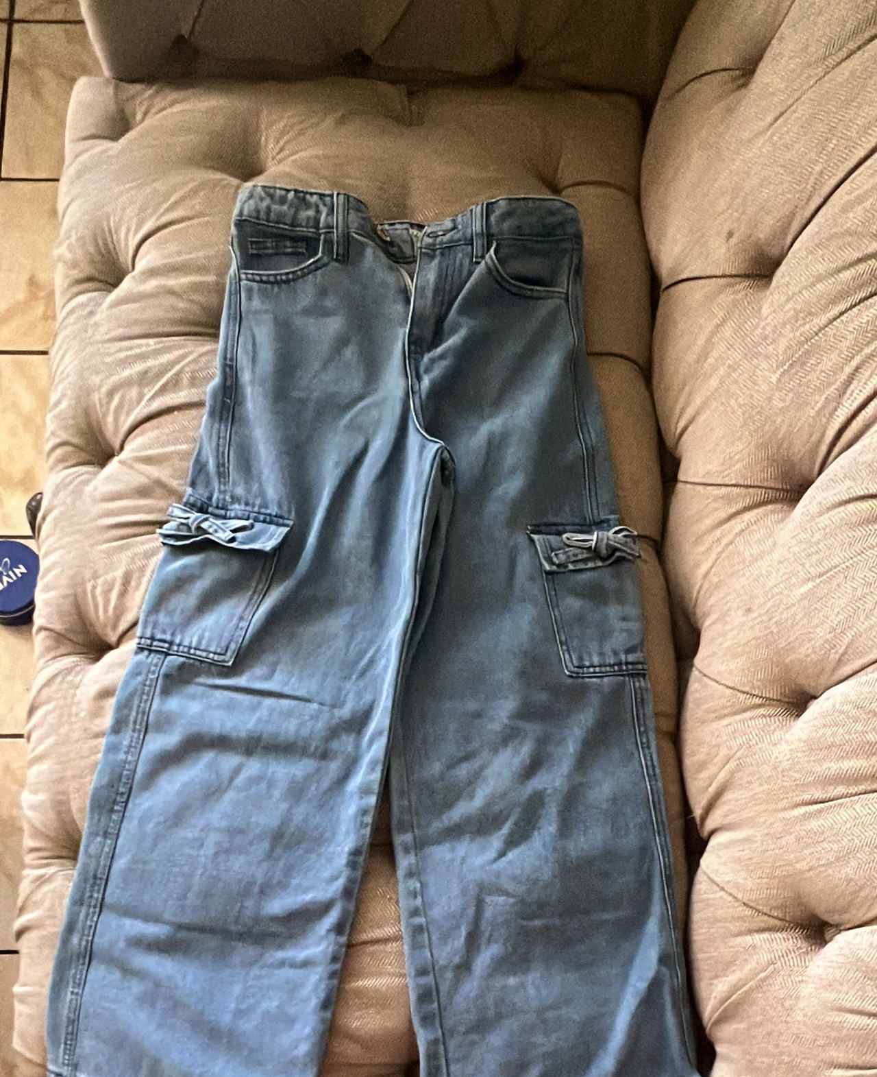 Wide Leg Denim Cargo Pants with Bow Details