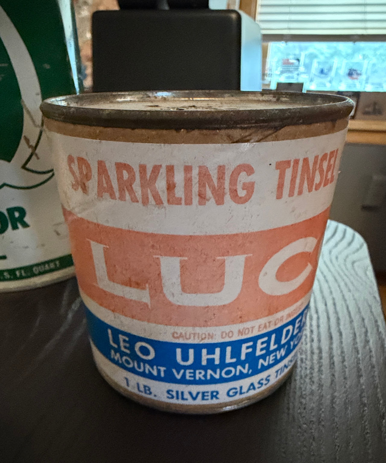 Vintage Leo Uhlfelder Sparkling Tinsel Silver Glass 1 lb. Tin