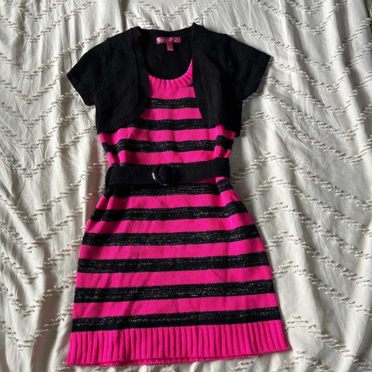 Girls' Pink and Black Striped Sweater Dress with Shrug and Belt