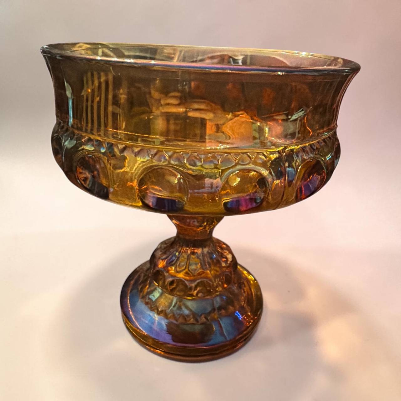 Indiana Glass Kings Crown Amber Carnival Glass Compote