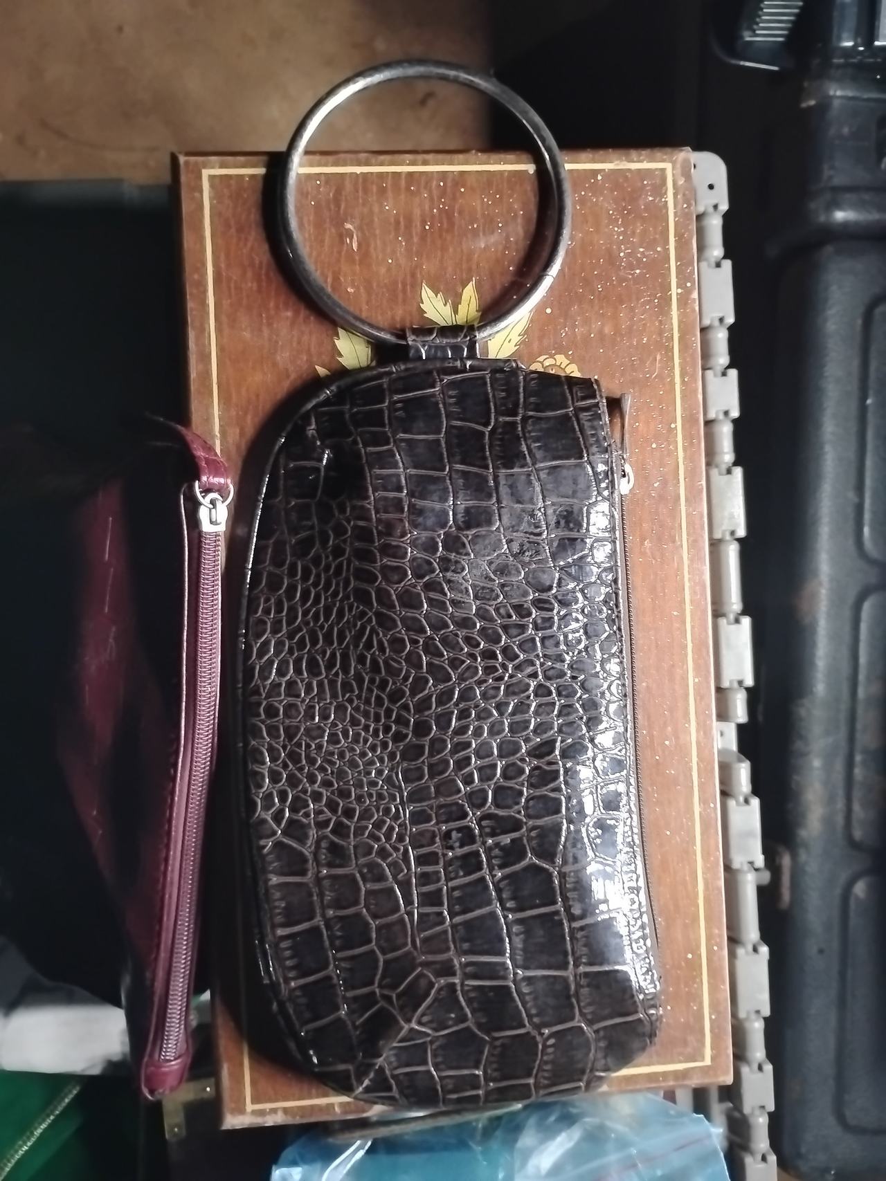 Croc Embossed Ring Handle Clutch Bag