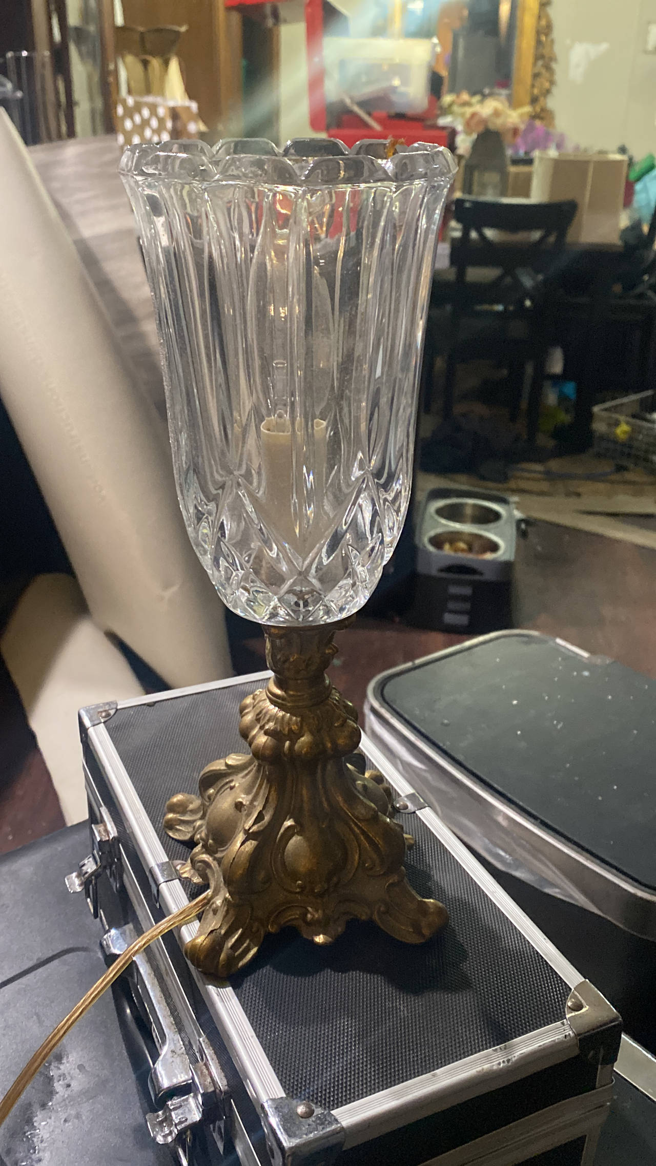 Vintage Brass and Cut Glass Hurricane Lamp