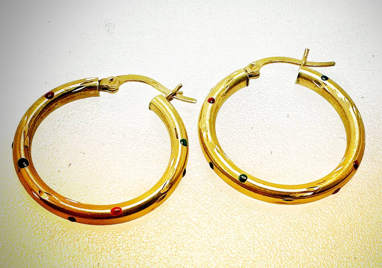 14k Gold Hoop Earrings with Enamel Accents Classic 2.45 Grams 1” Diameter