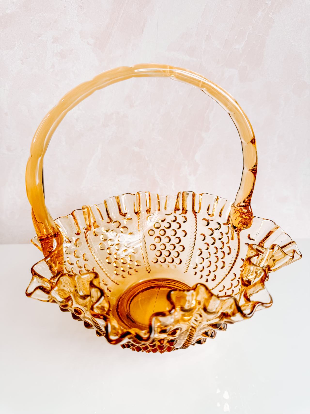 Fenton Amber Hobnail Glass Basket with Bamboo Handle