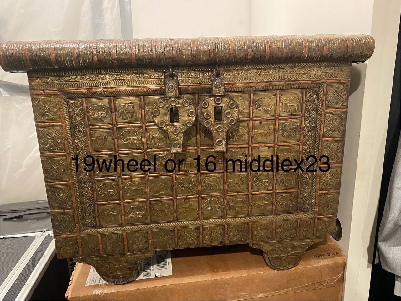 Vintage Indian Brass Embossed Dowry Chest (Pitara)