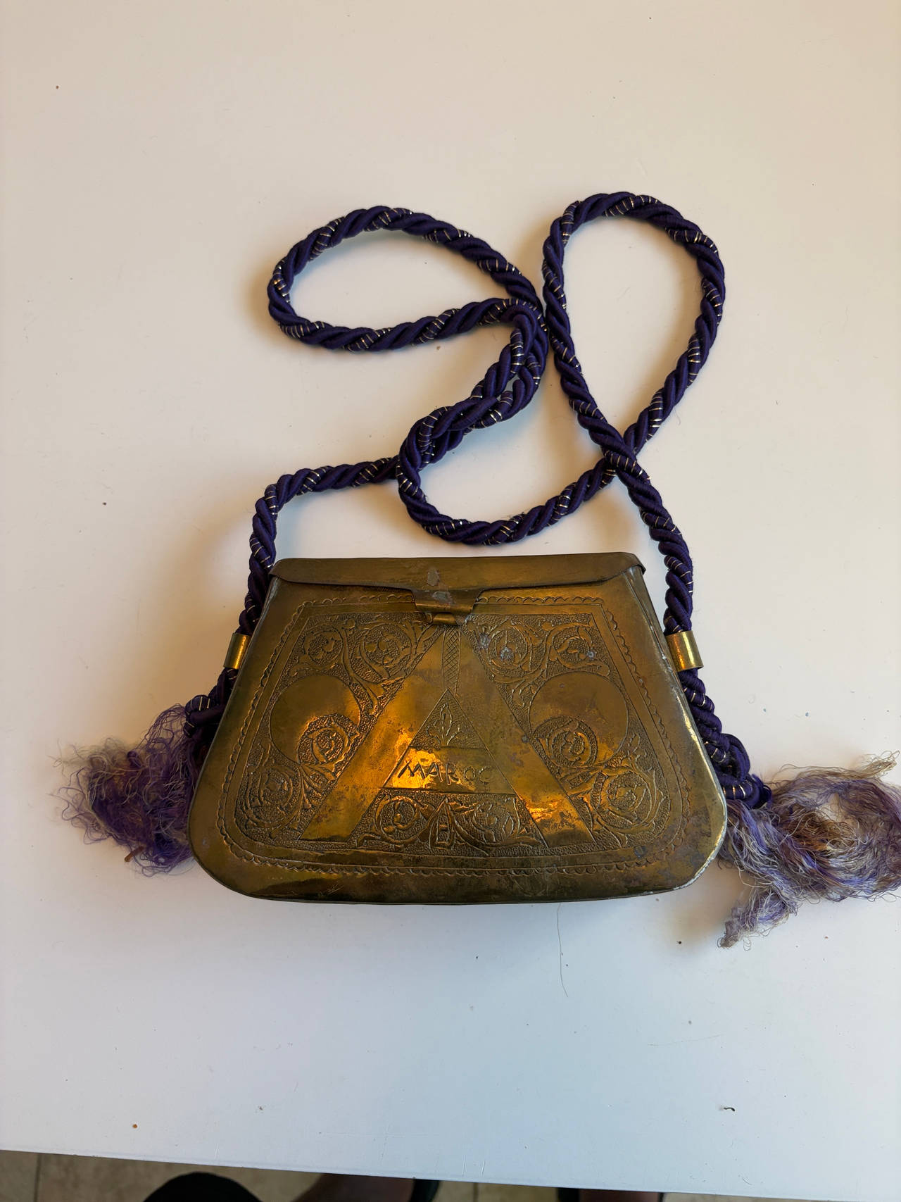 Vintage Etched Brass Purse with Tassel Rope Strap