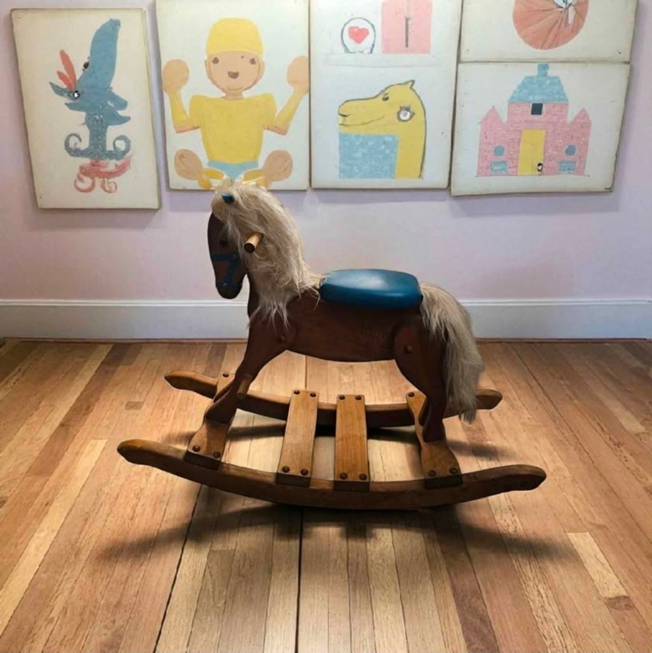Vintage Wooden Rocking Horse with Padded Seat