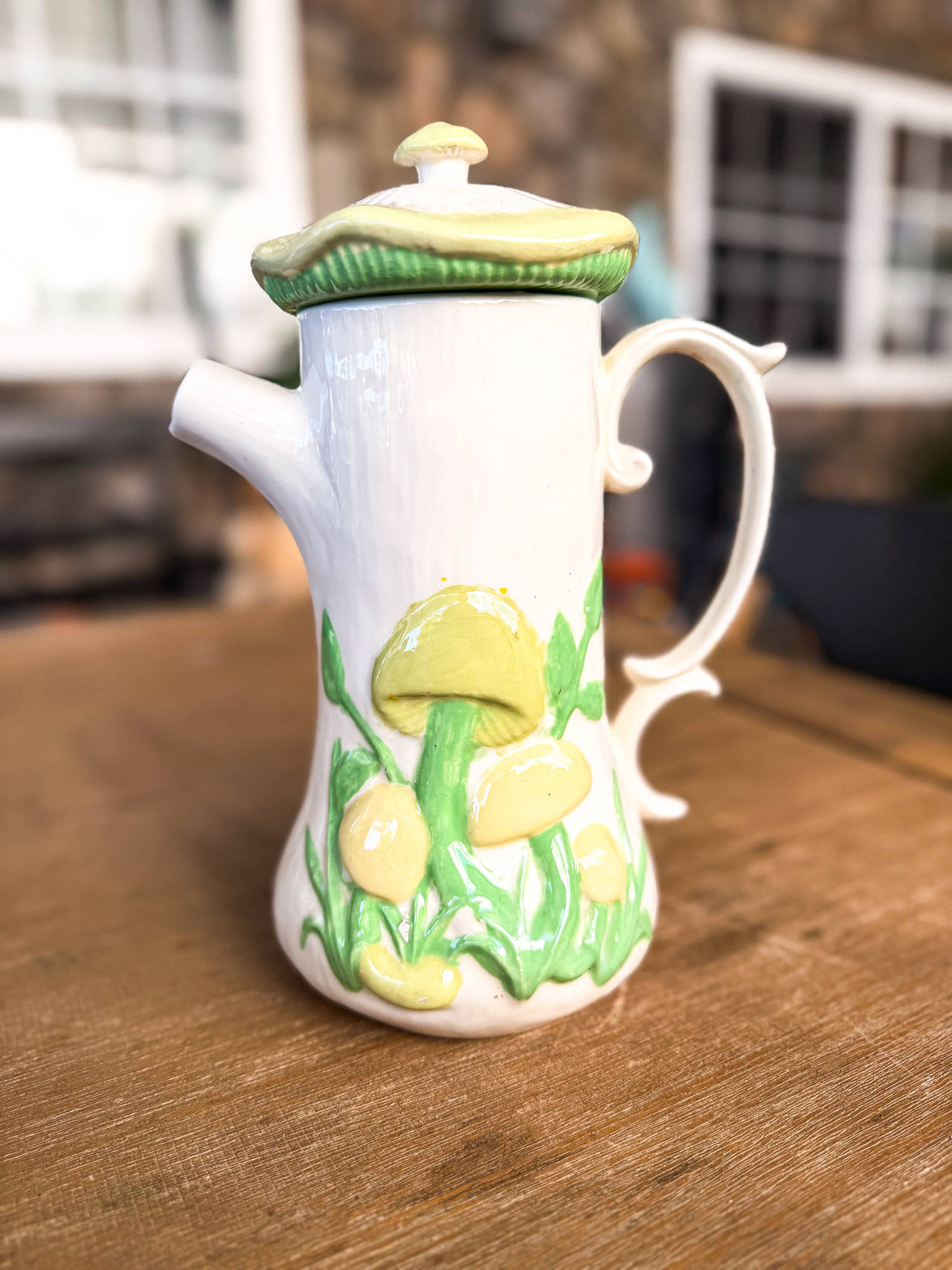 Vintage Mushroom Ceramic Teapot Yellow Green Cottagecore Kitchen Decor