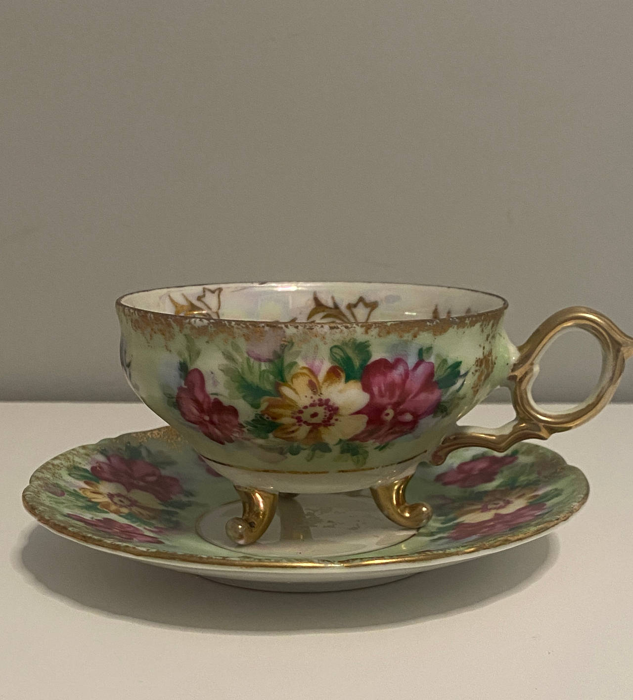 Vintage Footed Floral Teacup and Saucer Set