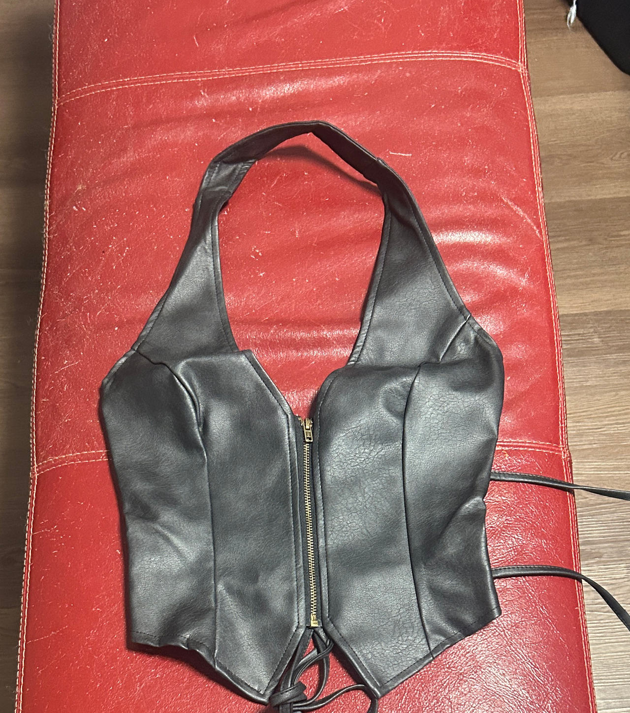 Faux Leather Halter Corset Top with Zipper Front