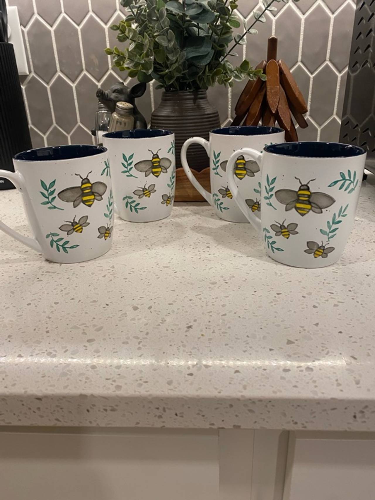 Heartland Hive Busy Bee Embossed Ceramic Mug Navy Interior 12oz