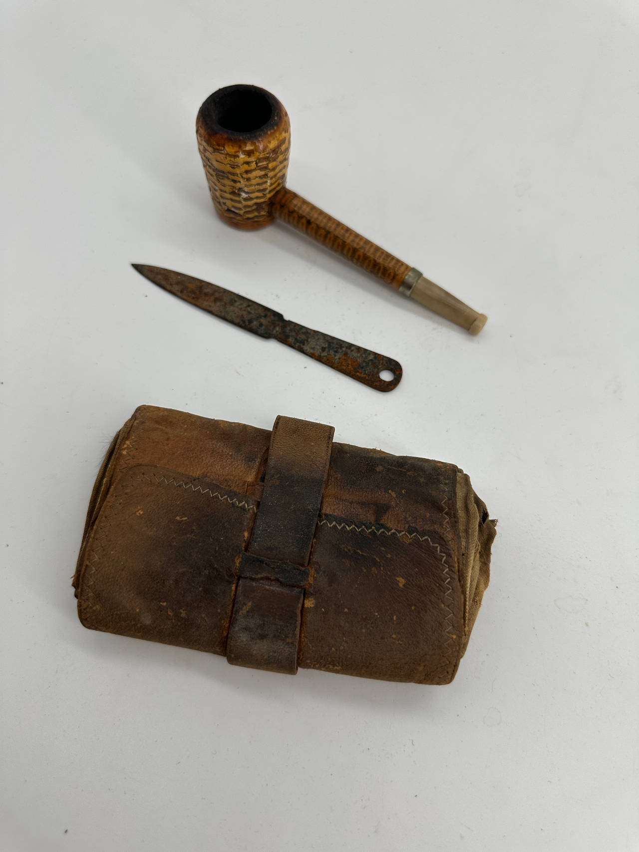 Vintage Corn Cob Pipe, Knife, and Leather Pouch Set