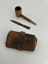 Vintage Corn Cob Pipe, Knife, and Leather Pouch Set - Image 1