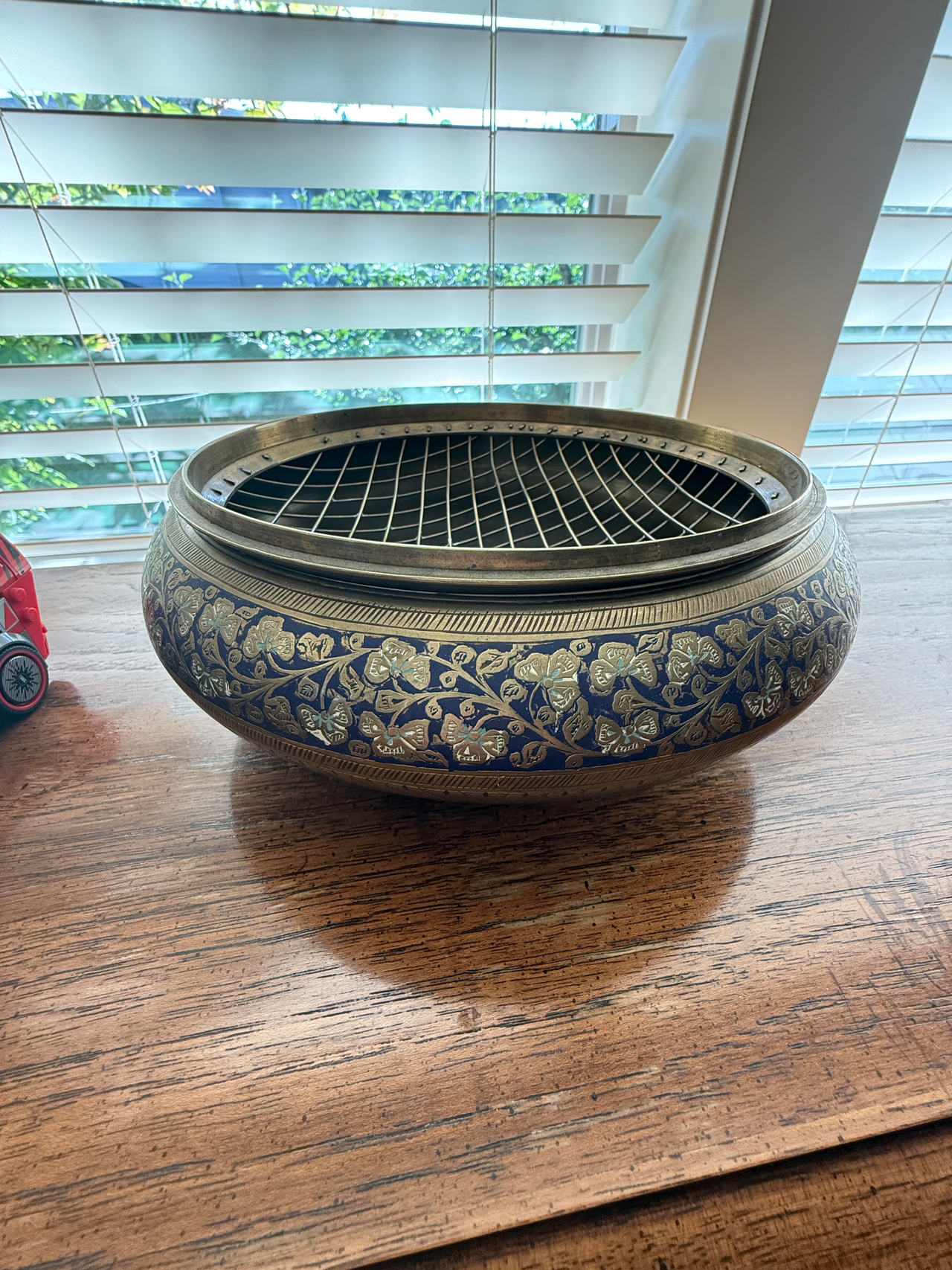 Brass Enamel Flower Frog Bowl