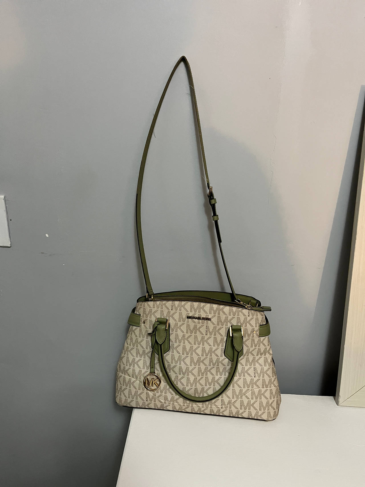Michael Kors Charlotte Large Satchel Logo Green Trim
