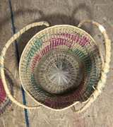 Vintage Handwoven Lidded Basket w Handles Natural Fiber Pink Green Storage Hampr - Image 2