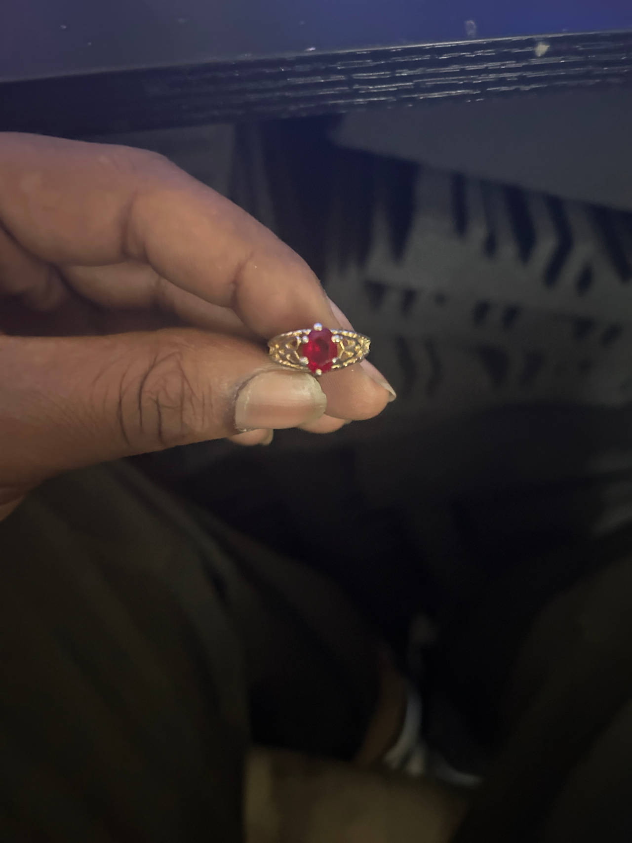 Gold Tone Red Stone Filigree Ring
