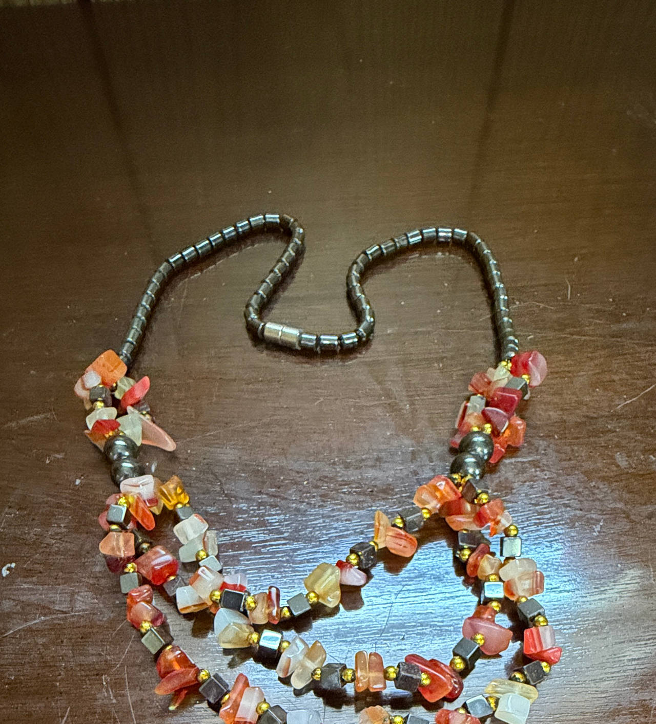 Multi-Strand Hematite and Carnelian Chip Necklace