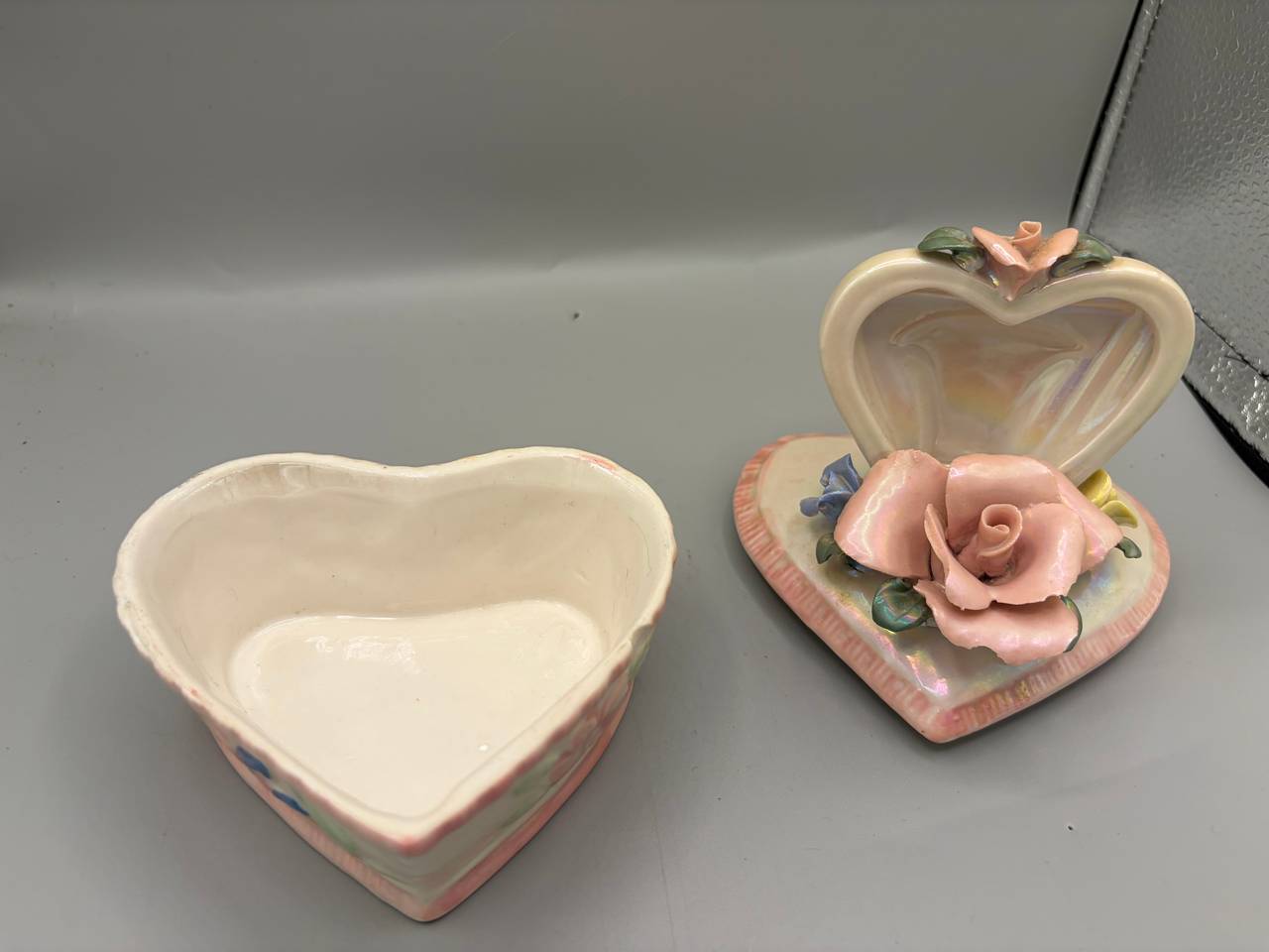 Vintage Iridescent Heart Ceramic Trinket Box with Roses