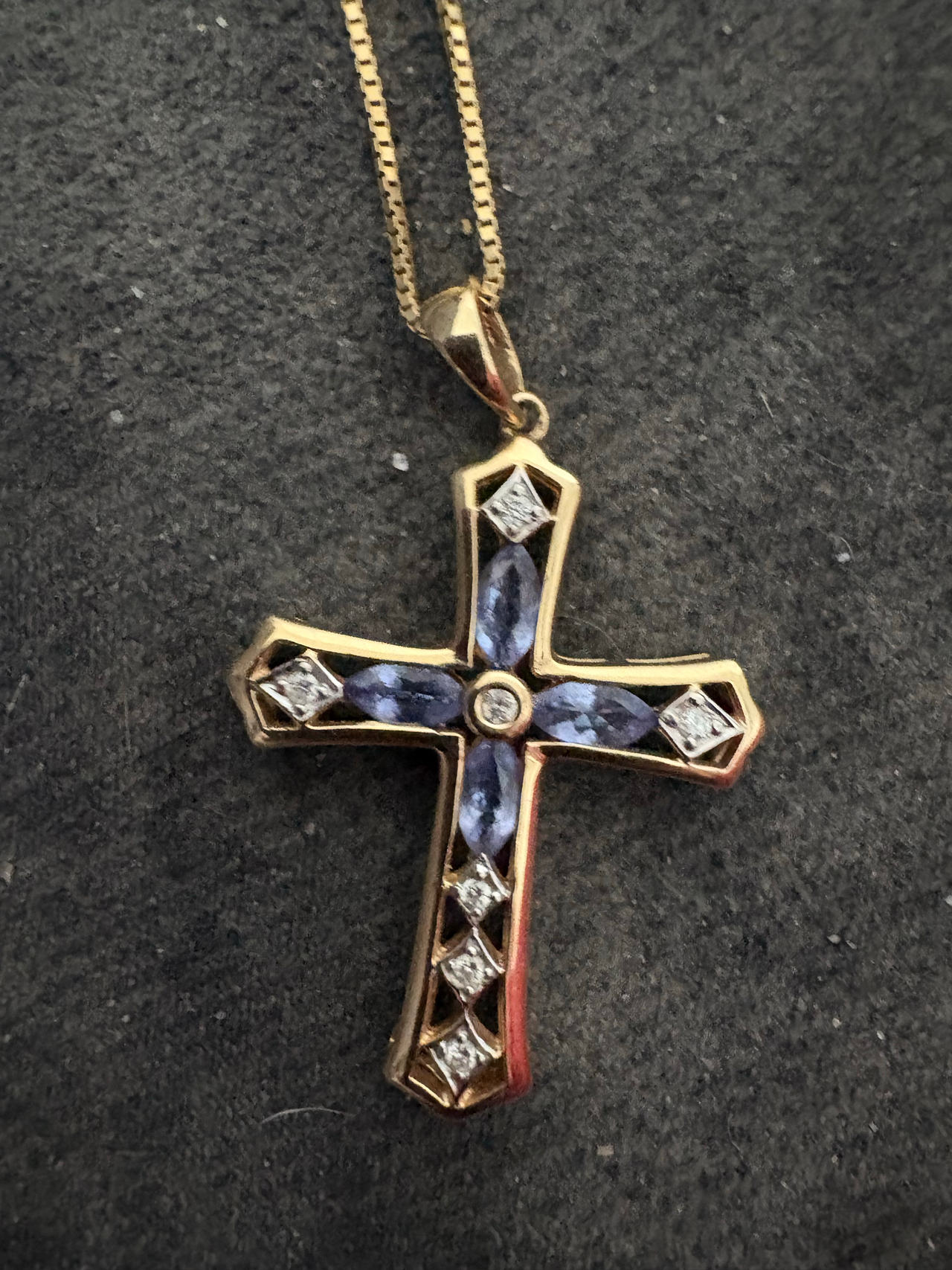 Gold Cross Pendant Necklace with Blue and White Stones