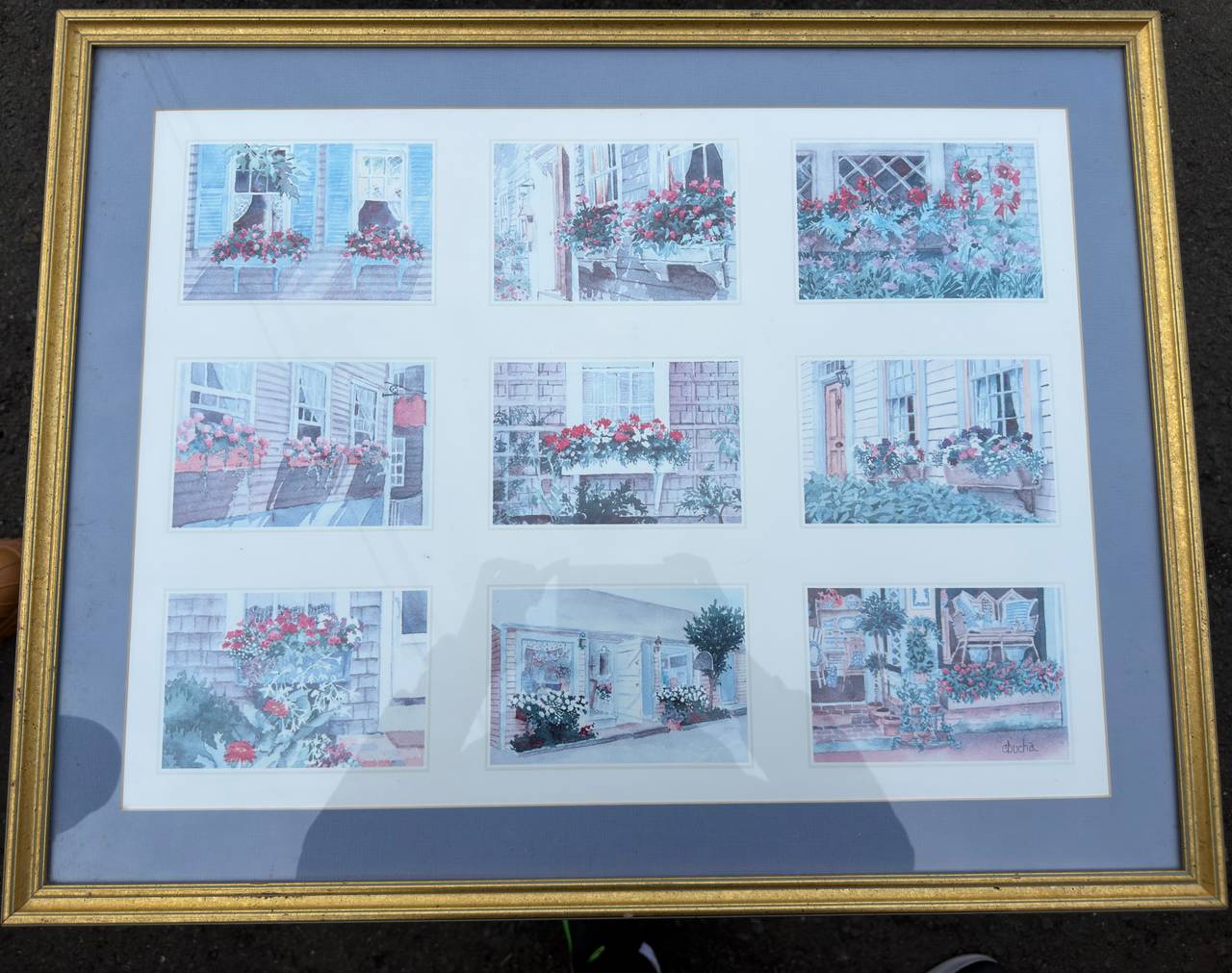 Framed Floral Window Prints Set Cottage Style Wall Art Gold Frame Home 22 x 28in