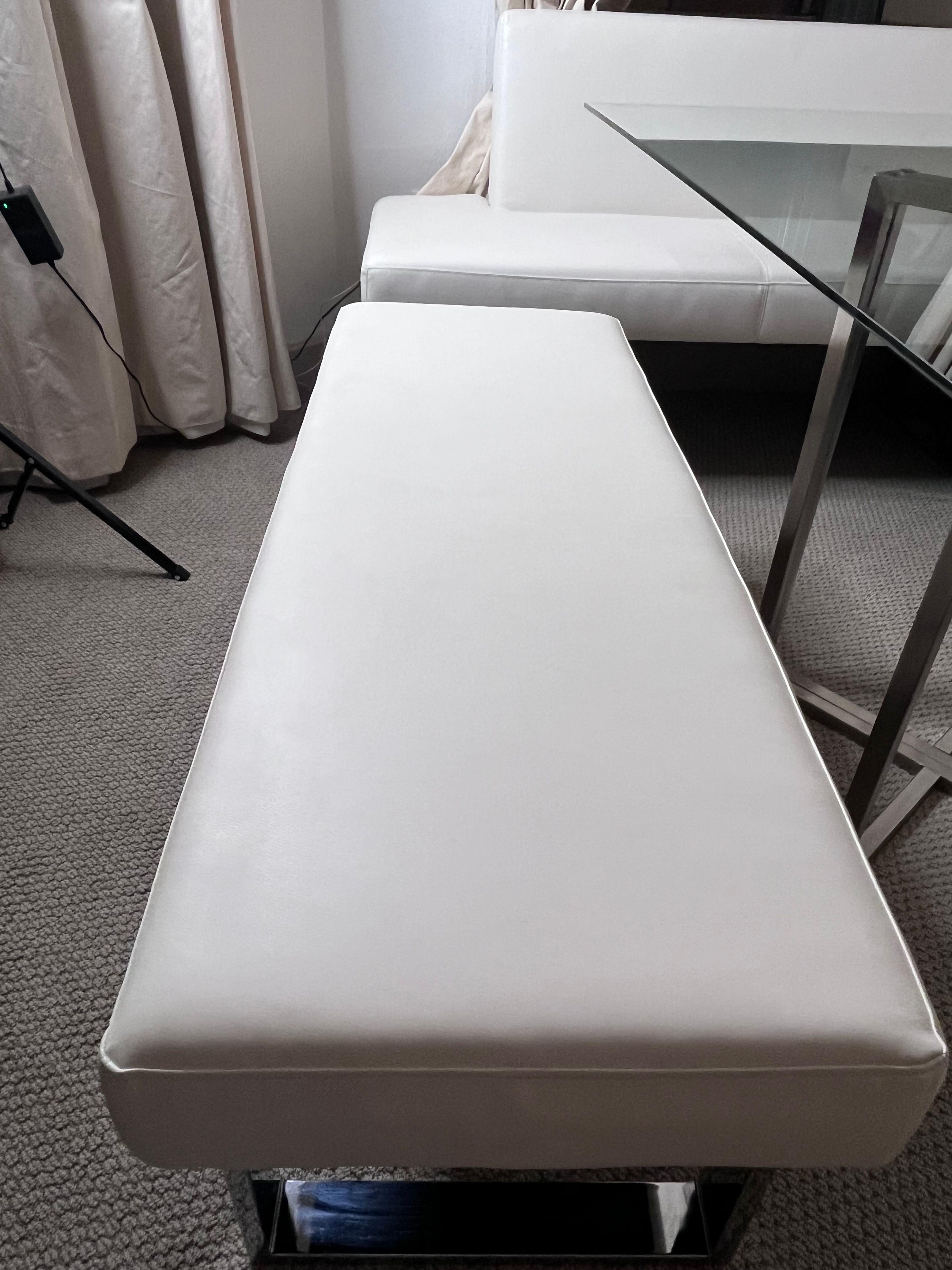 Armen Living Amanda Faux Leather Corner Bench off white dinning booth with glass - Image 8