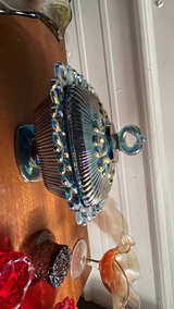 Indiana Glass Blue Carnival Glass Pedestal Vtg  Iridescent Blue Car - Image 2