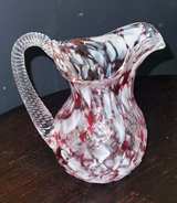 Chalet Art Glass Cranberry Splatter Pitcher Vintage MCM Mid-Century Sticker - Image 1