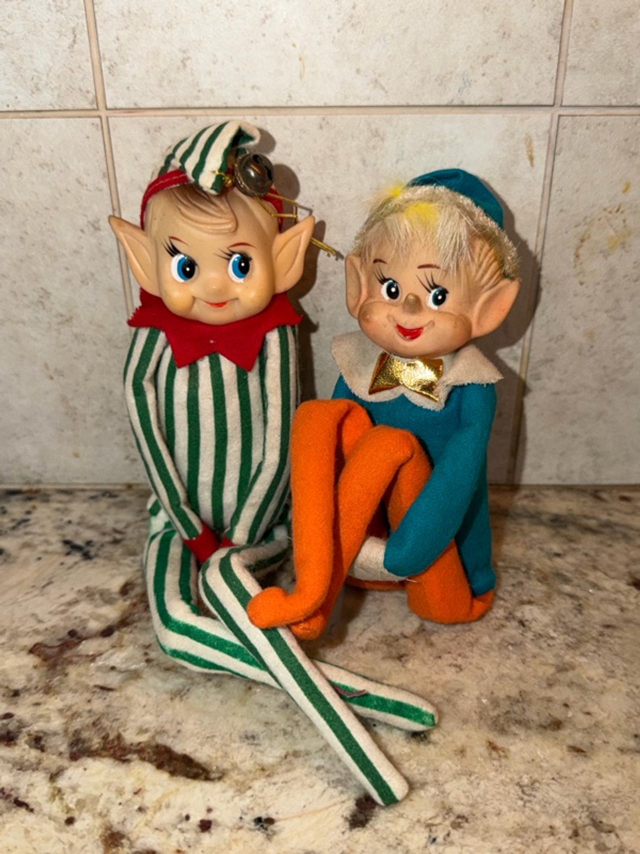 Japanese Vintage Elf Knee Hugger Christmas Ornament Lot of 2 Xmas on a Shelf