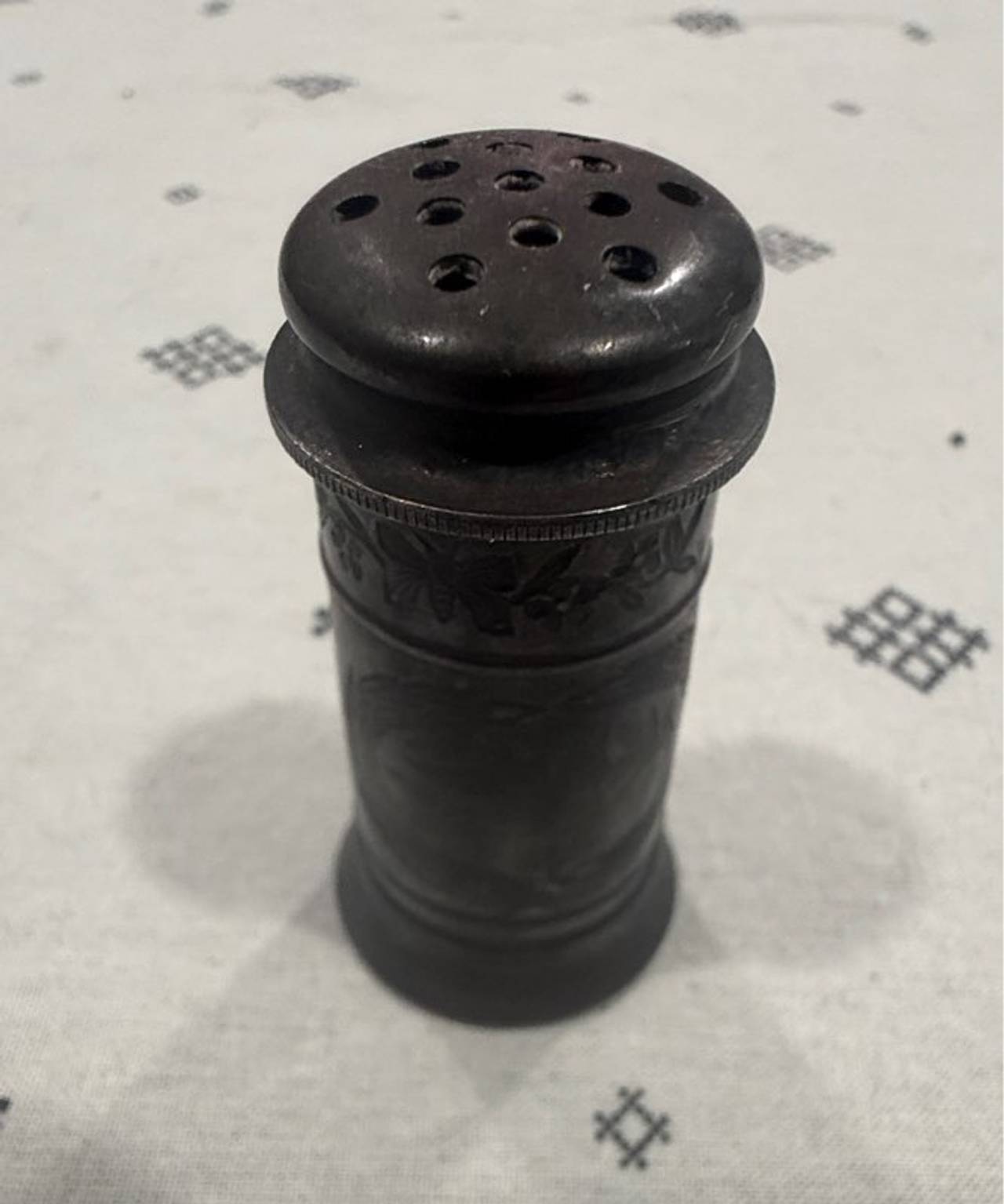 Antique Pewter salt or pepper Shaker etched floral Muffineer vintage