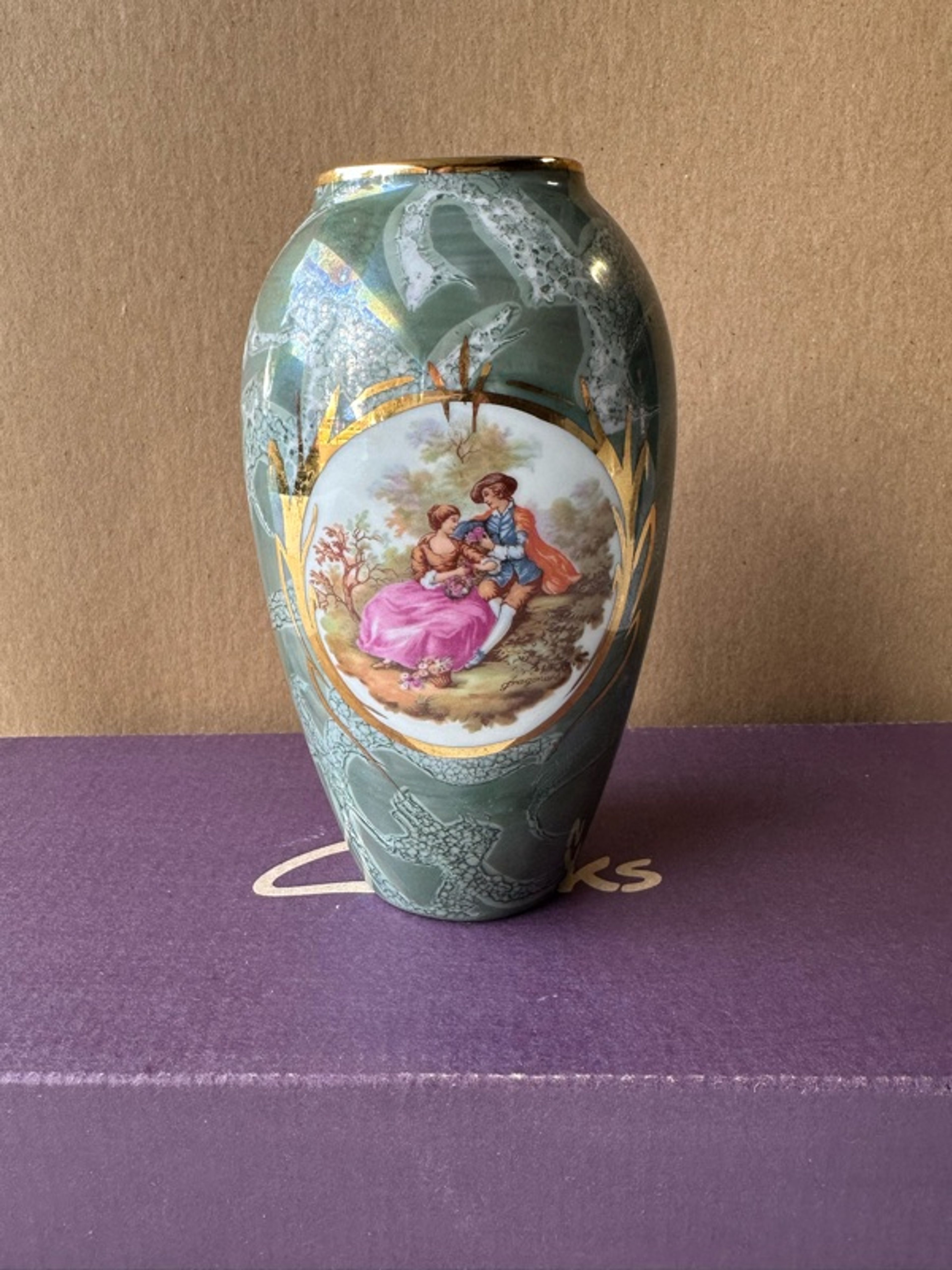 Limoges France Porcelain Vase with Hand Painted Courting Scene and Gilt Detail
