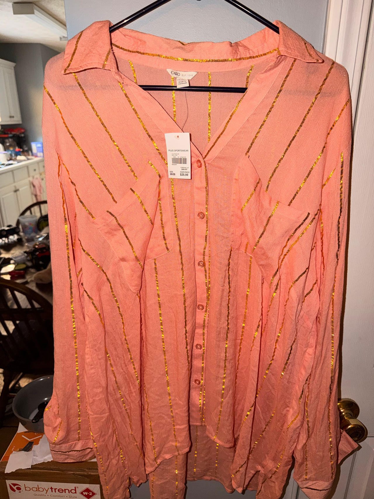 Cato size 26/28 NWT Coral Gold Metallic Stripe Button Down Shirt