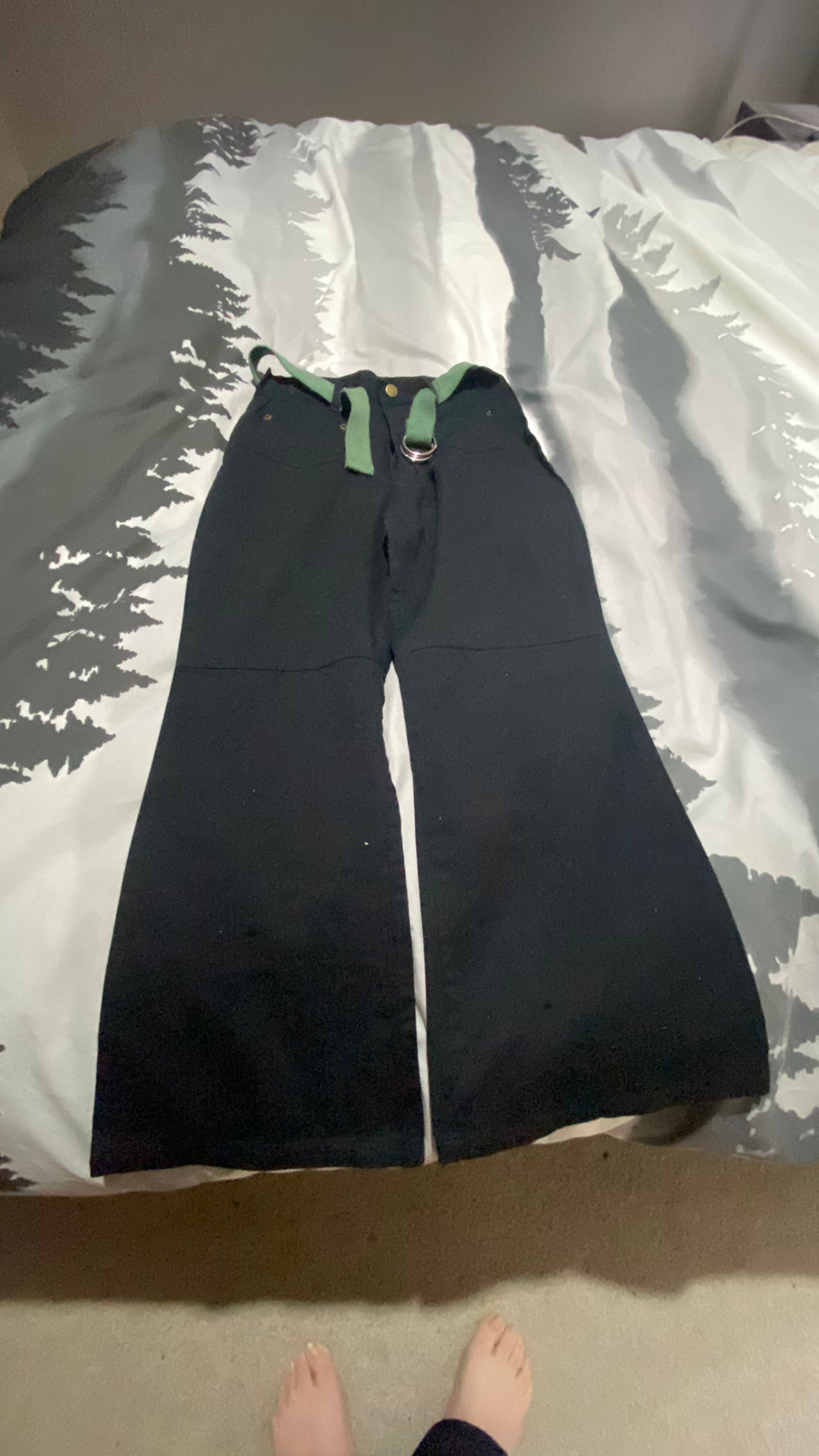 Wide Leg Black Pants with Green Belt - Image 3