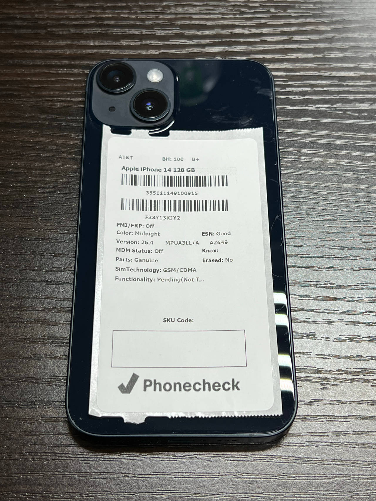 Apple iPhone 14 128GB Midnight (AT&T) 100% battery health