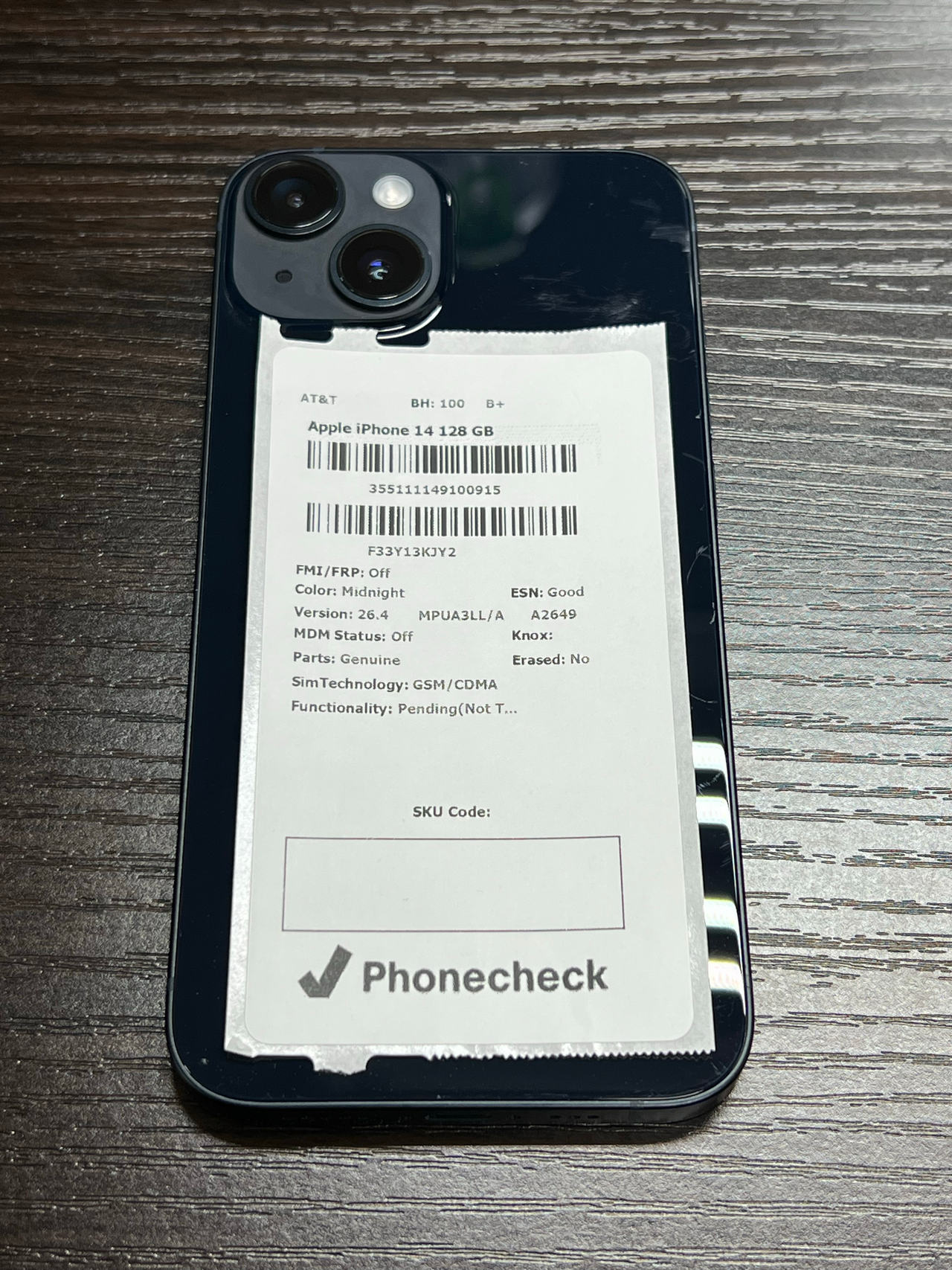 Apple iPhone 14 128GB Midnight (AT&T) 100% battery health