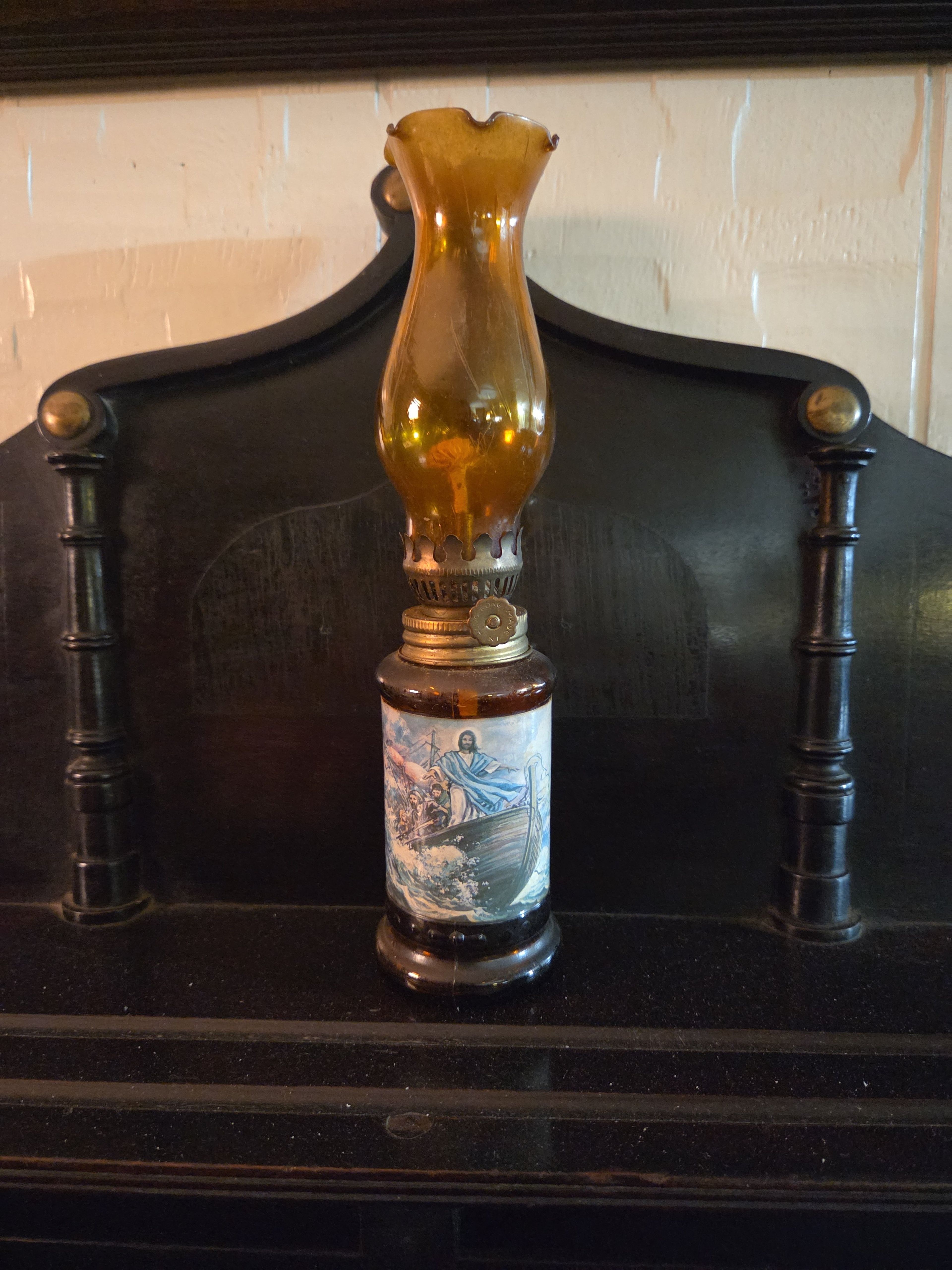 Vintage Amber Glass Religious Oil Lamp - Jesus Calming the Sea