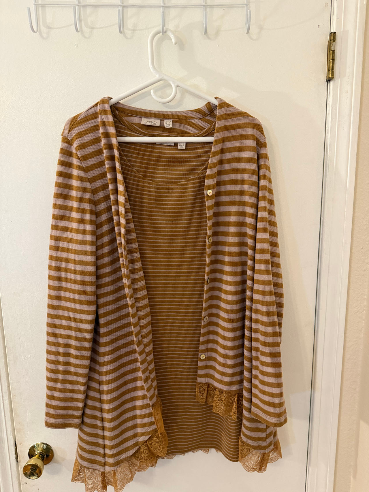 LOGO by Lori Goldstein Striped Twin Set with Lace Trim
