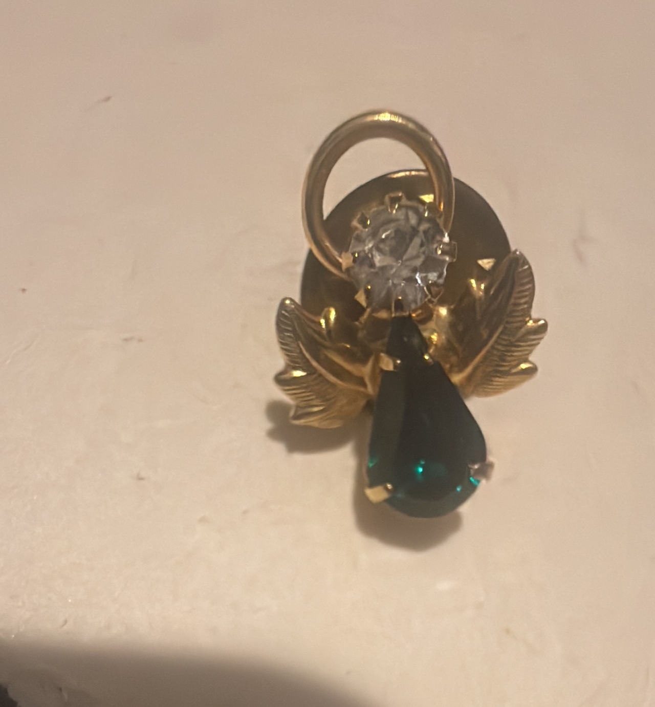 Vintage Gold Tone Angel Pin with Green and Clear Crystals