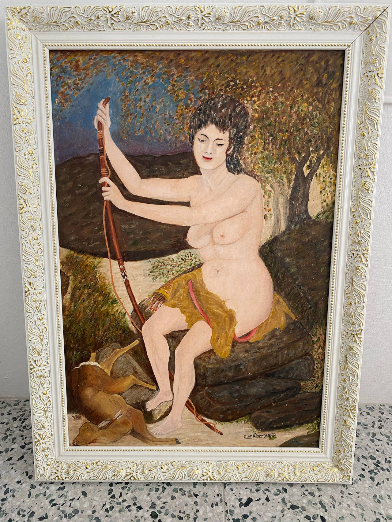 Framed Oil Painting of Nude Woman with Bow