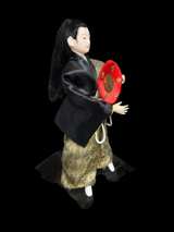 Vintage Japanese Samurai Warrior Doll with Drum Handcrafted Silk Costume on Wood - Image 4