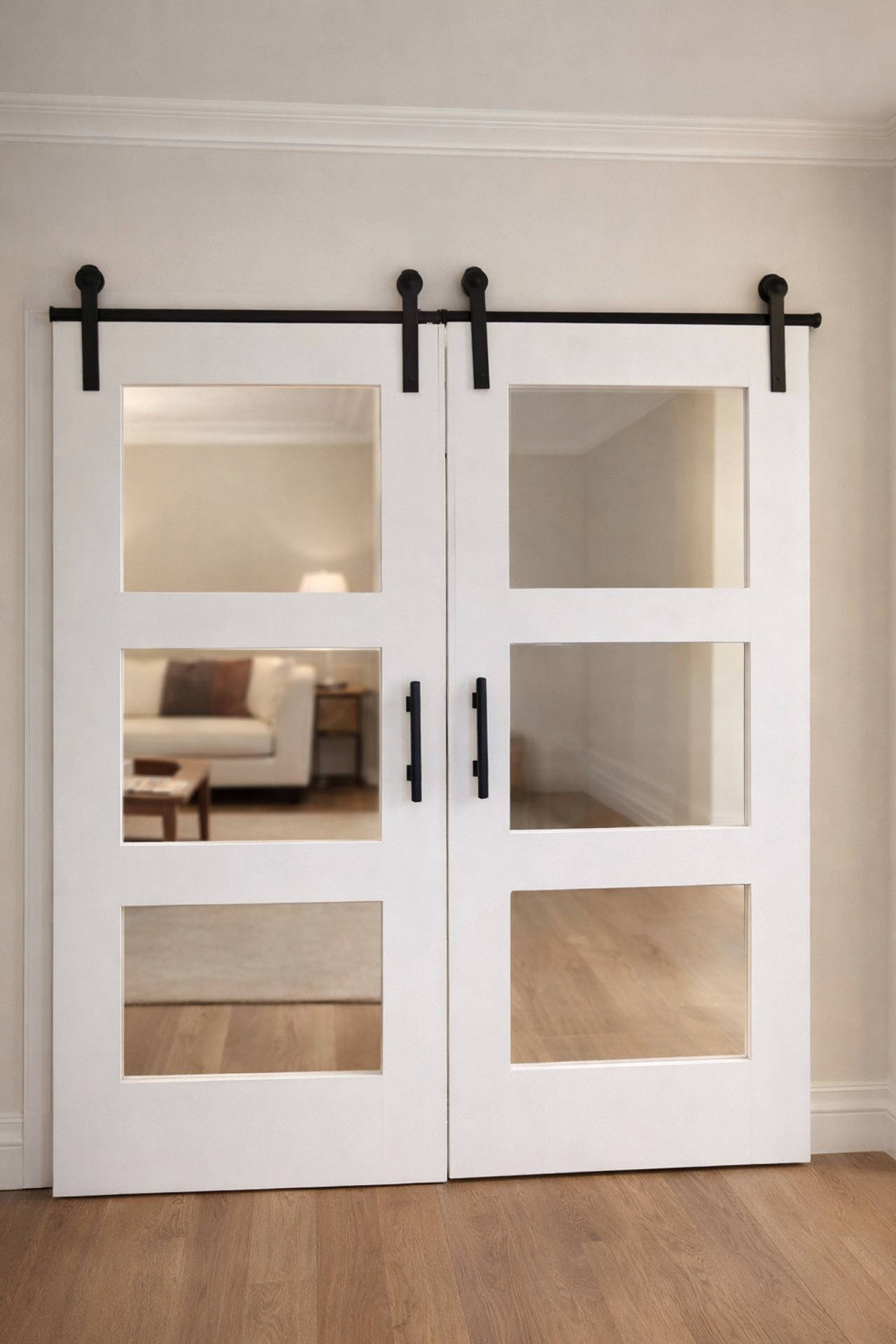 White 3-Lite Glass Double Barn Door with Hardware