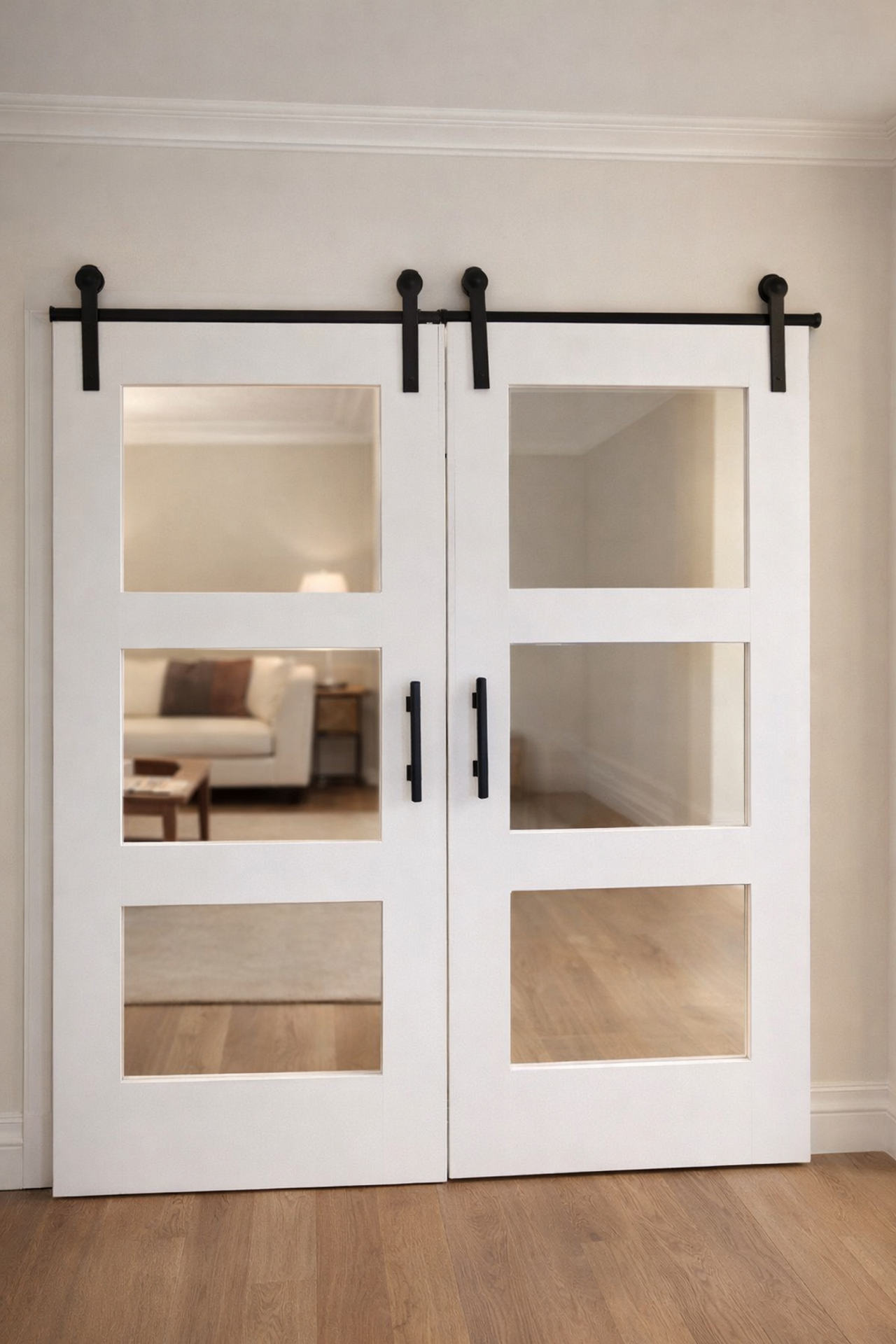 White 3-Lite Glass Double Barn Door with Hardware