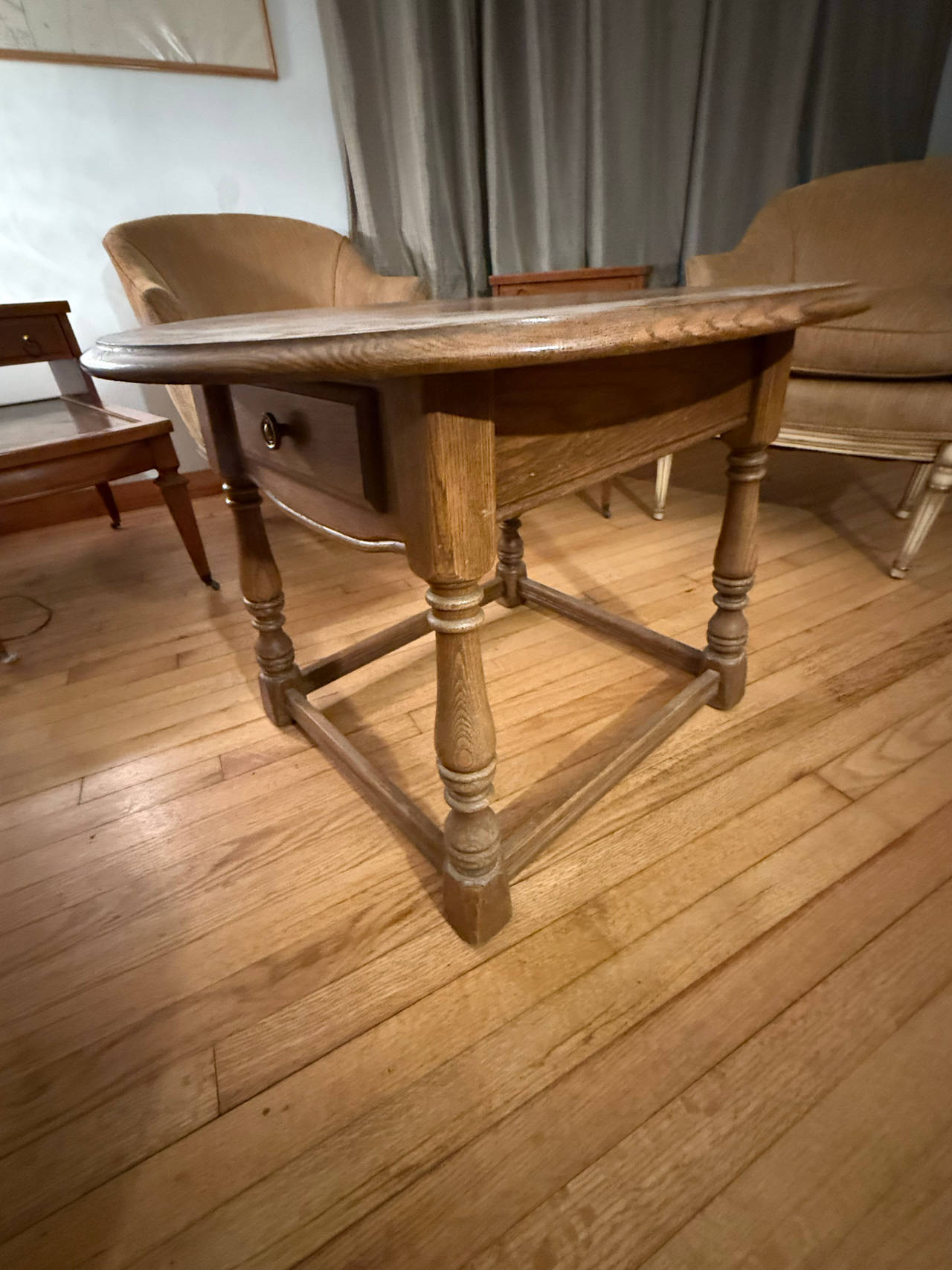 Vintage Oak Round Side Table with Drawer