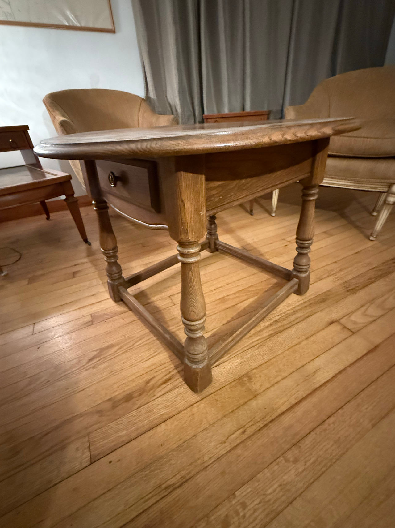 Vintage Oak Round Side Table with Drawer