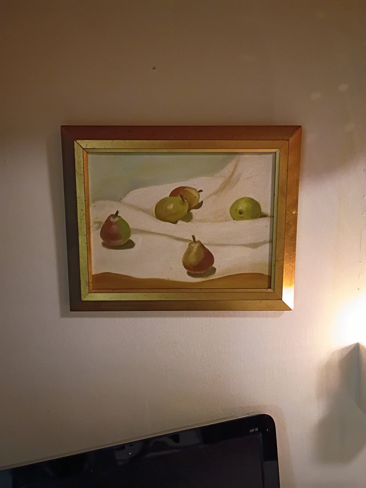 Vintage Still Life Pear Oil Painting in Gold Frame