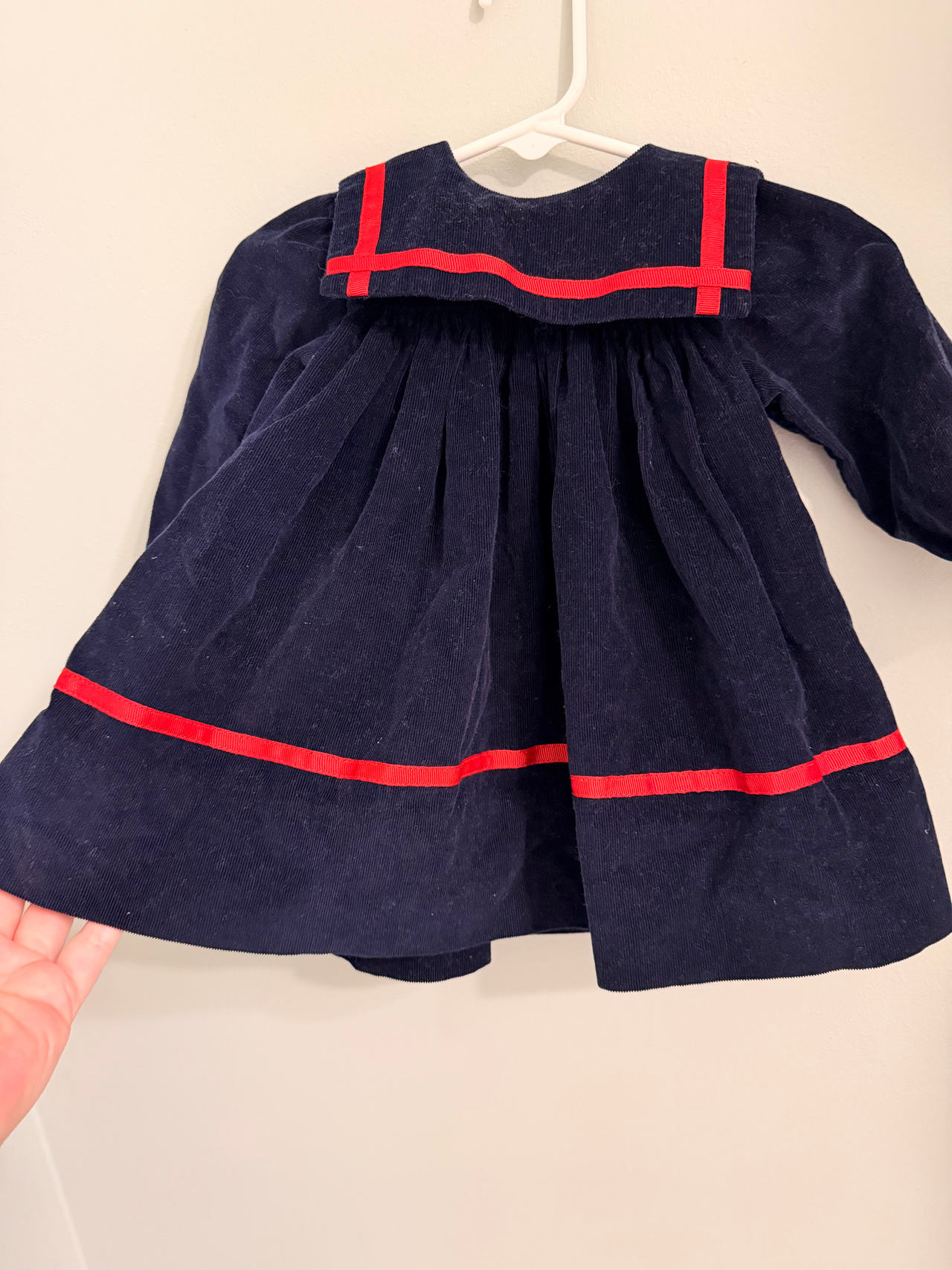 Navy Blue Corduroy Sailor Dress with Red Trim